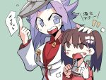  2girls anger_vein breasts brown_eyes brown_hair hand_on_another&#039;s_head jun&#039;you_(kantai_collection) kantai_collection long_hair military military_uniform multiple_girls personification purple_hair ryuujou_(kantai_collection) tera twintails uniform 