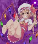  1girl ascot ass bare_legs barefoot blonde_hair cloudy_sky flandre_scarlet flying grin hat hat_ribbon looking_at_viewer mob_cap noa_(nagareboshi) panties puffy_sleeves ribbon shirt short_sleeves side_ponytail skirt skirt_set smile solo striped striped_panties touhou underwear upskirt v vest wings 