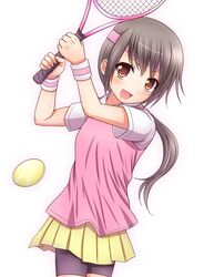  1girl ball blush brown_eyes brown_hair kk-sk-ray long_hair looking_at_viewer original racket simple_background skirt smile solo tennis_ball tennis_racket white_background 