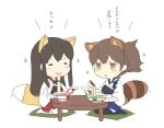  2girls akagi_(kantai_collection) animal_ears chibi eating fox_ears fox_tail instant_noodles japanese_clothes kaga_(kantai_collection) kantai_collection kemonomimi_mode kuuga_(cf) long_hair multiple_girls personification ponytail raccoon_ears raccoon_tail tail 