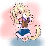  1girl animal_ears blonde_hair chibi facing_away hoshizuki_(seigetsu) kemonomimi_mode looking_at_viewer minigirl mizuhashi_parsee open_mouth outstretched_arms puru-see solo standing tail touhou turning 