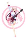  1girl blush breasts cleavage denim denim_shorts guitar headphones highres instrument jacket large_breasts long_hair looking_at_viewer musical_instrument nitroplus open_mouth penq pink_hair plectrum red_eyes shoes shorts smile solo standing_on_one_leg super_sonico t-shirt 