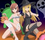  +_+ 2girls arice-spead-21 bandages blonde_hair brown_eyes brown_hair coin controller electricity frog gekota ghost gloves halloween hat jack-o&#039;-lantern long_hair misaka_mikoto multiple_girls pumpkin remote_control shokuhou_misaki short_hair thighhighs to_aru_kagaku_no_railgun to_aru_majutsu_no_index witch_hat 