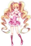  1girl blonde_hair boots breasts choker cure_peach dress earrings fresh_precure! hair_ornament hand_on_hip heart highres jewelry knee_boots kofa_(ikyurima) long_hair magical_girl momozono_love pink_eyes precure smile solo twintails 
