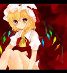  1girl blonde_hair blush bow dress flandre_scarlet hat hat_bow highres koyashaka letterboxed looking_at_viewer mob_cap puffy_sleeves red_dress red_eyes sash shirt short_sleeves side_ponytail sitting smile solo touhou wings 