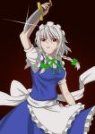  1girl apron arm_up bow braid breasts glint gradient gradient_background hair_bow hima38 izayoi_sakuya knife light_trail maid_headdress parted_lips red_background red_eyes ribbon short_hair short_sleeves silver_hair simple_background skirt skirt_set solo touhou twin_braids waist_apron 