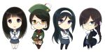  4girls :d black_hair black_legwear braid character_request chibi chitanda_eru crossed_arms glasses hair_between_eyes hair_ornament hairband hairclip hat hyouka irisu_fuyumi juumonji_kaho long_hair lowres mole multiple_girls open_mouth pantyhose sasamori_tomoe school_uniform serafuku simple_background skirt smile white_background white_legwear 