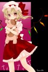  1girl blonde_hair bow cross doll_hug dress flandre_scarlet hat hat_bow highres koyashaka looking_at_viewer mob_cap puffy_sleeves red_dress red_eyes sash shirt short_sleeves side_ponytail smile solo stuffed_animal stuffed_toy teddy_bear touhou wings 