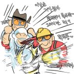  3boys balaclava formal gloves hardhat hat helmet korean lowres male multiple_boys punching smile suit t8909 team_fortress_2 the_engineer the_sniper the_spy translation_request white_background 