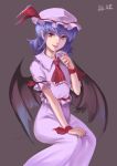  1girl ascot bat_wings blue_hair fangs fingernails grey_background hand_on_lap hat hat_ribbon highres lips lleu long_fingernails looking_at_viewer mob_cap nail_polish nose parted_lips pointy_ears raised_hand red_eyes remilia_scarlet ribbon sharp_fingernails short_hair short_sleeves simple_background sitting skirt skirt_set solo touhou wings wrist_ribbon 