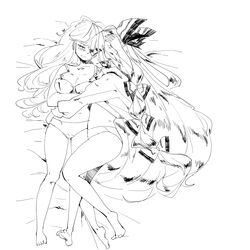  2girls bed bow closed_eyes fujiwara_no_mokou highres hug kamishirasawa_keine komaku_juushoku long_hair monochrome multiple_girls sleeping smile touhou 