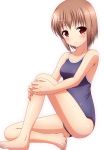  1girl barefoot blush breasts brown_eyes brown_hair feet highres kk-sk-ray looking_at_viewer original school_swimsuit short_hair simple_background sitting smile solo swimsuit white_background 