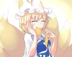  1girl aburaage blonde_hair blush_stickers dress eating food food_in_mouth fox_tail gradient gradient_background hand_on_own_cheek hat hat_with_ears long_sleeves multiple_tails namashirasu short_hair simple_background smile solo tabard tail tassel touhou wide_sleeves yakumo_ran 