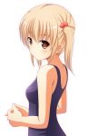  1girl blonde_hair blush breasts brown_eyes hair_bobbles hair_ornament highres kk-sk-ray long_hair original school_swimsuit simple_background solo swimsuit twintails white_background 