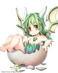 1girl bare_shoulders barefoot dragon_girl egg green_hair long_hair looking_at_viewer simple_background solo suoni_(deeperocean) white_background wings yellow_eyes younger 