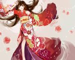  1girl brown_hair floral_print flower japanese_clothes kaytseki kimono long_hair lying original parted_lips rose side_slit solo water wide_sleeves 