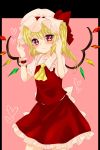  1girl blonde_hair blush bow dress flandre_scarlet hat hat_bow heart highres koyashaka looking_at_viewer mob_cap puffy_sleeves red_dress red_eyes sash shirt short_sleeves side_ponytail solo touhou wings wrist_cuffs 