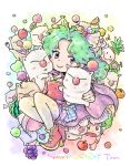  1boy 1girl apple banana cape character_name creature final_fantasy final_fantasy_vi food fruit gau grapes green_hair happy_birthday lemon moogle orange pantyhose peach pineapple ponytail rainbow_text shoes short_hair shouta_(shbz) skirt smile tina_branford violet_eyes watermelon 