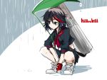  1girl case funmatu kill_la_kill leaf leaf_umbrella matoi_ryuuko midriff rain school_uniform senketsu serafuku shoes short_hair single_glove sneakers solo squatting 