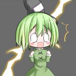  1girl chibi dress green_dress green_hair hat lightning open_mouth short_hair soga_no_tojiko solo surprised tate_eboshi tears touhou 