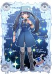  1girl alternate_costume alternate_hair_color alternate_hairstyle bag blue_eyes boots bracelet buritaku coat full_body fur_trim greninja hat jewelry long_hair musical_note open_mouth pokemon pokemon_(game) pokemon_xy serena_(pokemon) smile snowflakes solo sparkle thighhighs twintails 