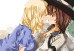  2girls blonde_hair brown_eyes brown_hair bust eye_contact hat incipient_kiss long_hair looking_at_another maria-sama_ga_miteru multiple_girls no_hat open_mouth smile touhou usami_renko yohane yuri 