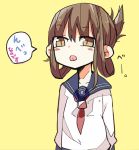  1girl blush brown_eyes brown_hair inazuma_(kantai_collection) kantai_collection neckerchief personification school_uniform serafuku solo tera translated yellow_background 