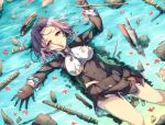  1girl black_gloves floating gloves kantai_collection long_sleeves looking_at_viewer partially_submerged pleated_skirt purple_hair red_eyes skirt solo tatsuta_(kantai_collection) torn_clothes water yoshikanakamura 