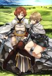  2girls arisen_(dragon&#039;s_dogma) armor bare_legs belt blonde_hair blue_eyes boots breastplate breasts cape chainmail circlet dragon&#039;s_dogma emma_201 field gauntlets green_eyes horizon knees_together_feet_apart large_breasts multiple_girls pawn_(dragon&#039;s_dogma) pointy_ears pouch redhead rock short_hair sitting sword tabard thigh-highs thigh_boots weapon 