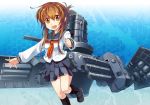  1girl brown_eyes brown_hair cannon inazuma_(kantai_collection) kantai_collection long_sleeves looking_at_viewer nanaroku_(fortress76) neckerchief open_mouth personification school_uniform serafuku shirt skirt smile solo 