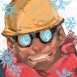  1boy face goggles grin hardhat helmet lowres male smile snowflakes solo t8909 team_fortress_2 the_engineer 