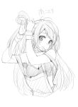  1girl blush breasts long_hair looking_at_viewer love_live!_school_idol_project minami_kotori monochrome mouth_hold peko simple_background sketch smile solo tying_hair white_background 