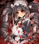  1girl :d black_hair blazer bonnet card celestia_rudenberk dangan_ronpa drill_hair earrings flower frills gothic_lolita hairband highres jewelry lolita_fashion lolita_hairband long_hair maid necktie open_mouth petals playing_card rattle red_eyes rose shirt smile solo supuringe twin_drills twintails 