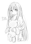  1girl blush character_request long_hair looking_at_viewer monochrome peko simple_background sketch solo stuffed_animal stuffed_toy teddy_bear very_long_hair white_background 