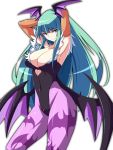  1girl armpits arms_up bare_shoulders bat_wings breasts cleavage demon_girl elbow_gloves gloves green_eyes green_hair head_wings kichi8 large_breasts leotard long_hair morrigan_aensland pantyhose solo succubus vampire_(game) wings 