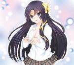  1girl black_hair breasts cleavage kotone_(19931003) kurugaya_yuiko little_busters!! long_hair ribbon school_uniform violet_eyes 
