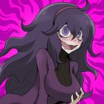  1girl @_@ ahoge bags_under_eyes blush breast_hold breasts crazy_eyes hairband hex_maniac_(pokemon) long_hair messy_hair npc open_mouth oro_(zetsubou_girl) pale_skin pokemon pokemon_(game) pokemon_xy purple_hair solo sweater violet_eyes 