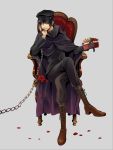  1boy black_hair boots chain chair chin_rest cloak copyright_request crossed_legs_(sitting) flower full_body gakuran hat looking_at_viewer male obentou peaked_cap rose school_uniform sitting solo yoshii 
