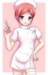  1girl blush hand_on_hip hat kk-sk-ray looking_at_viewer nurse nurse_cap open_mouth original short_hair simple_background smile solo syringe thighhighs violet_eyes 