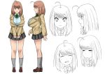  1girl ahoge bowtie breasts brown_eyes brown_hair character_sheet closed_eyes expressions huge_breasts laughing loafers long_hair maru_(maruttona) minoru_oba multiple_views o-cup-chan open_mouth original profile school_uniform shoes short_hair skirt smile socks tears v_arms 