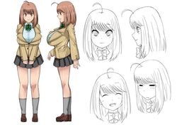  1girl ahoge bowtie breasts brown_eyes brown_hair character_sheet closed_eyes expressions huge_breasts laughing loafers long_hair maru_(maruttona) minoru_oba multiple_views o-cup-chan open_mouth original profile school_uniform shoes short_hair skirt smile socks tears v_arms 