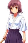  1girl blush highres kk-sk-ray original shinai short_hair simple_background solo sword weapon white_background 