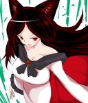  1girl animal_ears bare_shoulders brooch brown_hair cleavage han_(jackpot) imaizumi_kagerou jewelry large_breasts red_eyes red_nails solo touhou wolf_ears 