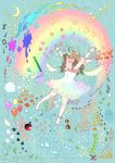  1girl ^_^ anklet balloon barefoot blush brown_hair closed_eyes dress flower happy jewelry long_hair open_mouth original paint pencil rainbow solo veil wings 