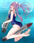  1girl bare_legs blush i-19_(kantai_collection) kantai_collection nekomanma_(chipstar182) one-piece_swimsuit personification purple_hair red_eyes school_swimsuit solo swimsuit twintails 
