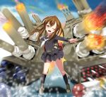  1girl blush brown_eyes brown_hair fumizuki_(kantai_collection) gun hupokrisis kantai_collection long_hair looking_at_viewer open_mouth personification ponytail school_uniform serafuku skirt solo weapon yellow_eyes 