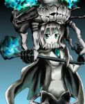  1girl blue_eyes breasts cape gloves kantai_collection long_hair looking_at_viewer monster pale_skin personification scepter shinkaisei-kan silver_hair solo tantan_men_(dragon) thigh-highs wo-class_aircraft_carrier 