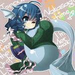 1girl blue_eyes blue_hair head_fins holding_tail japanese_clothes kimono long_sleeves looking_at_viewer mermaid monster_girl obi silver_hair smile solo tail tail_hug touhou umigarasu_(kitsune1963) wakasagihime wide_sleeves wink