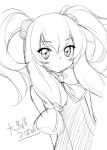  1girl arms_behind_back blush character_request long_hair looking_at_viewer monochrome peko simple_background sketch solo white_background 