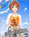  1girl artist_request blue_background character_name diamond diamond_(symbol) green_eyes idolmaster idolmaster_cinderella_girls official_art short_hair yoshioka_saki 